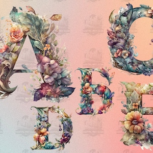 26 Watercolor Floral Alphabet Letters Clipart | Magical, Fairy, Fantasy | Digital PNG Clip Art, 300 DPI, Digital Download, Commercial Use