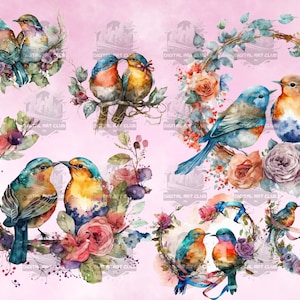 32 Acuarela Love Birds Clipart / Floral, Natural, Amor / Digital PNG Clip Art, Fondo claro, Descarga digital, Uso comercial