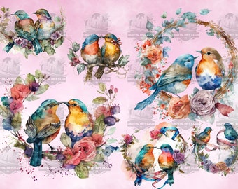 32 Watercolor Love Birds Clipart | Floral, Natural, Love | Digital PNG Clip Art, Clear Background, Digital Download, Commercial Use