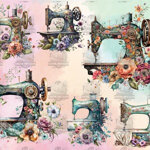30 Watercolor Floral Sewing Machines Clipart | Vintage, Fantasy, Galaxy | Digital PNG Clip Art, 300 DPI, Instant Download, Commercial Use