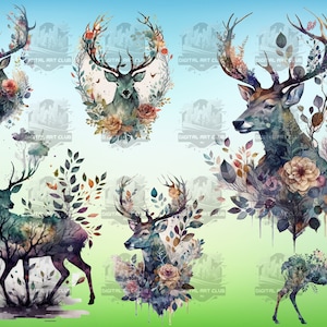 31 Watercolor Fantasy Deer Clipart | Floral, Galaxy, Mystical | Digital PNG Clip Art, Clear Background, Digital Download, Commercial Use