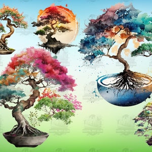 29 Watercolor Bonsai Trees Clipart | Digital PNG Clip Art, 300 DPI | Natural Plant, Fantasy, Galaxy | Digital Download, Commercial Use