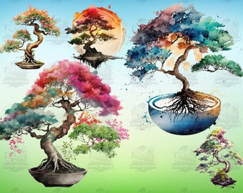 29 Watercolor Bonsai Trees Clipart | Digital PNG Clip Art, 300 DPI | Natural Plant, Fantasy, Galaxy | Digital Download, Commercial Use