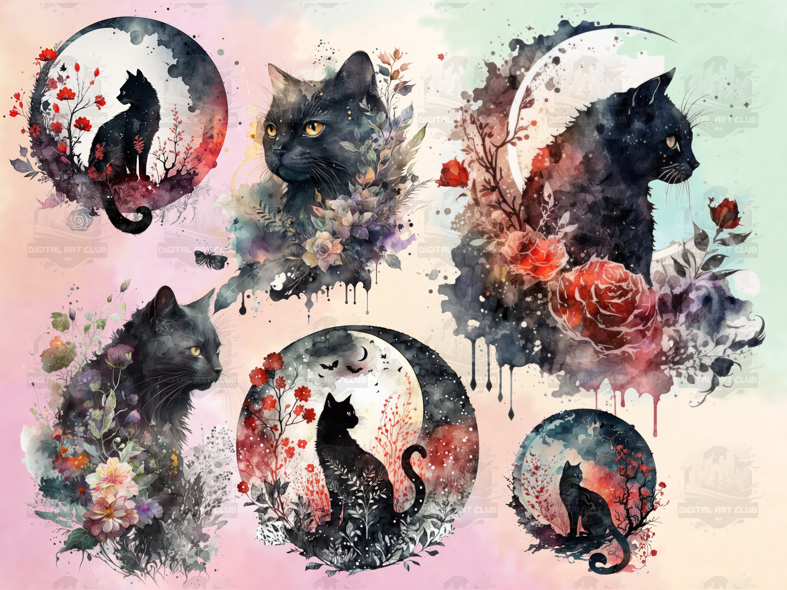 32 Watercolor Black Cat Clipart Digital PNG Clip Art 300 - Etsy