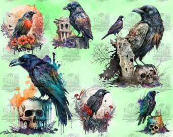 31 cuervos góticos en acuarela (imágenes prediseñadas florales, de fantasía oscura y galácticas) / Imágenes PNG digitales, 300 DPI, descarga instantánea, uso comercial