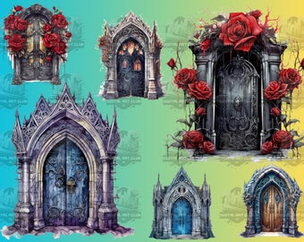 30 Watercolor Gothic Door Clipart | Mystical, Floral, Dark Fantasy | Digital PNG Clip Art, 300 DPI, Digital Download, Commercial Use
