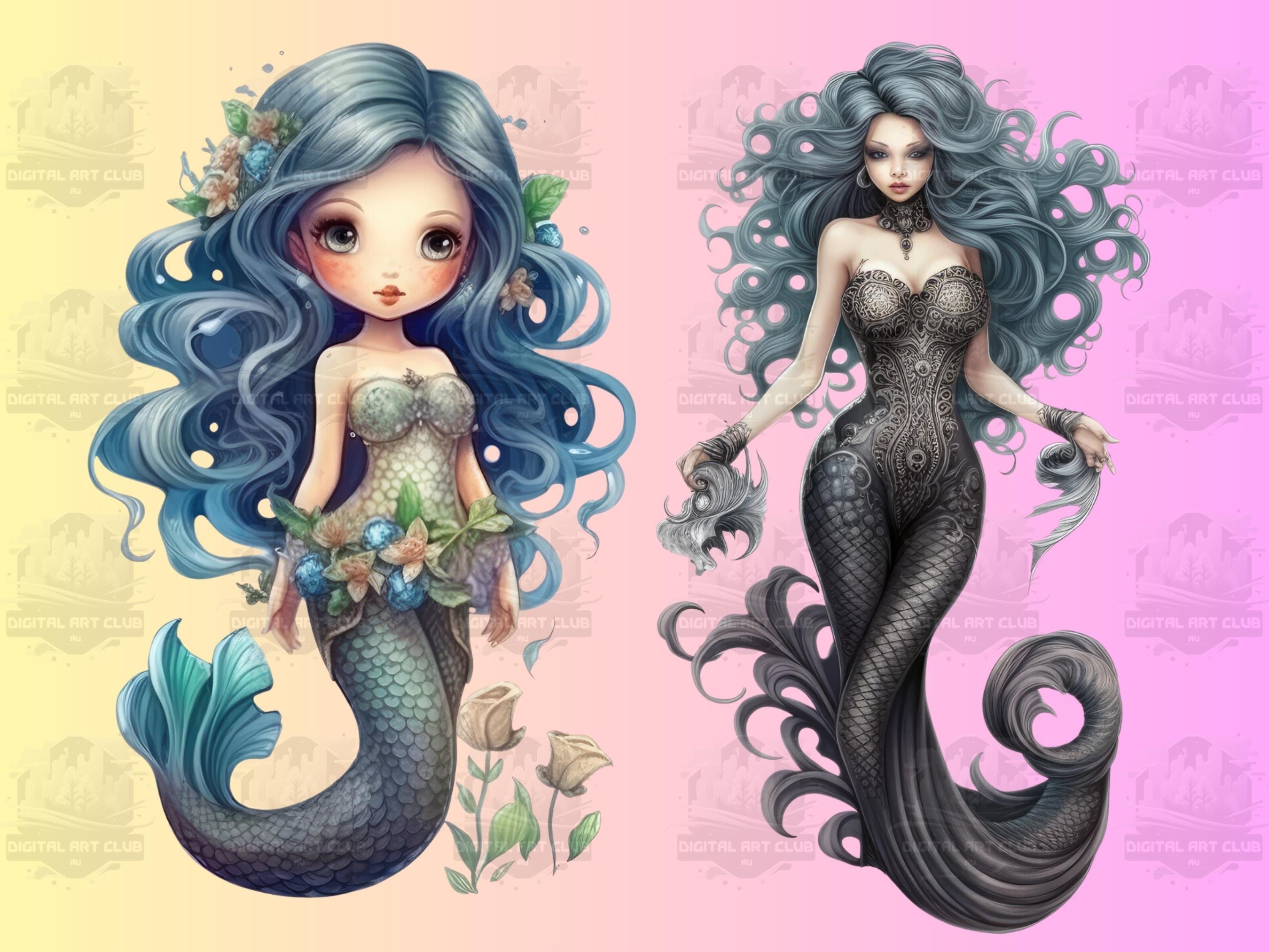 26 Watercolor Mermaid Clipart Floral, Fantasy, Magical Digital PNG Clip ...