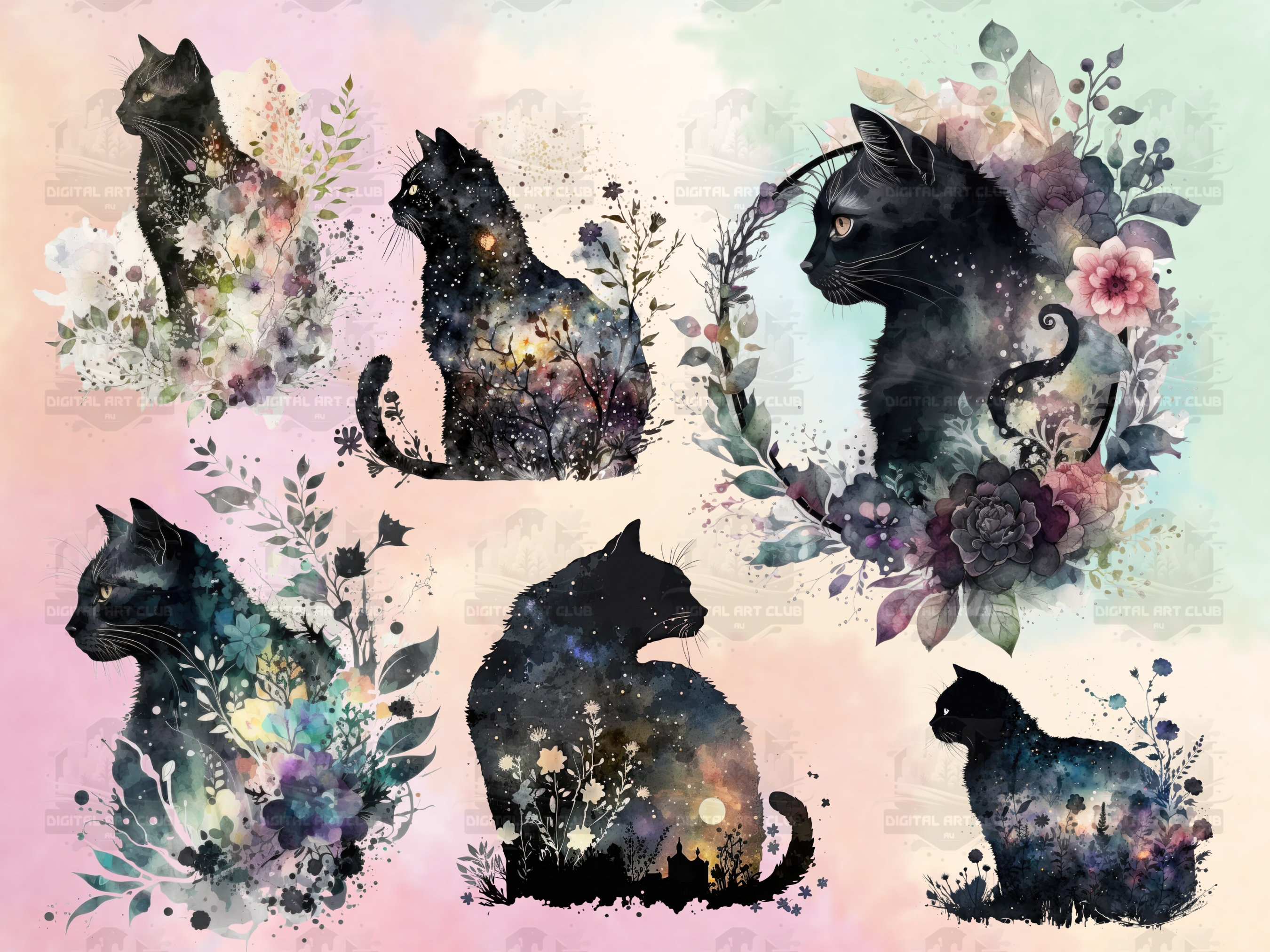 32 Watercolor Black Cat Clipart Digital PNG Clip Art 300 - Etsy
