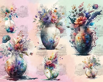33 Watercolor Flower Vases Clipart | Floral, Fantasy | Digital PNG Clip Art, Transparent Background, Digital Download, Commercial Use
