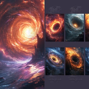 May include: A swirling galaxy with a fiery orange and red color scheme. The galaxy is centered around a black hole, which is surrounded by a bright white light. The galaxy is set against a dark blue background.