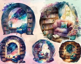 29 aquarel leeshoekjes clipart | Fantasie, Bloemen, Melkweg, Thuisbibliotheek | Digitale PNG-illustraties, digitale download, commercieel gebruik