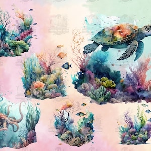 28 Watercolor Tropical Coral Reef Clipart | Digital PNG Clip Art, 300 DPI | Sea World, Fantasy | Digital Download, Commercial Use