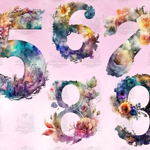 10 Watercolor Floral Numbers Clipart | Magical, Fairy, Fantasy | Digital PNG Clip Art, 300 DPI, Digital Download, Commercial Use