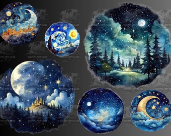 28 Watercolor Starry Nightscape Clipart | Fantasy,Galaxy | Digital PNG Clip Art, Transparent Background, Instant Download, Commercial Use