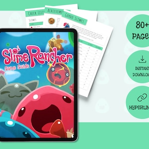 Puede incluir: Una tableta digital que muestra una portada colorida para una guía del juego Slime Rancher. La portada presenta una imagen de dibujos animados de un slime rosa con una boca grande, un slime gris parecido a un gato y un slime rojo con una textura de lava. El texto "Slime Rancher Game Guide" se muestra en la portada.