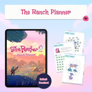 Puede incluir: Un planificador digital titulado "The Ranch Planner" con el juego "Slime Rancher 2" mostrado en una tableta. La imagen incluye diseños de ejemplo y un botón que dice "Descarga instantánea". El fondo es un degradado de rosa y azul.