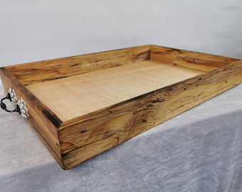 Landhaus Shabby Echt Holz Tablett Serviertablett Eckig Groß Handarbeit Keramik Metall Griffe Schöne Maserung  66 x 40 x 7 cm