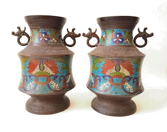 Cloisonné / Champlevé Enamel on Bronze Chinese Pair of Ming Dynasty style Vases .