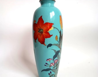 Japanese Cloisonné enamel Ota Jinnoei Ginbari meiji period (1868-1912) 25 cm flower vase.