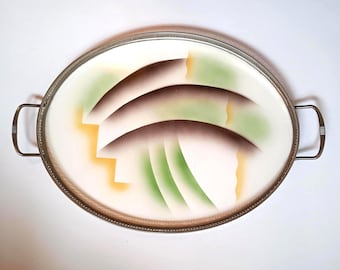 Art Deco / Bauhaus ceramic / porcelain serving tray with metal handles and rim