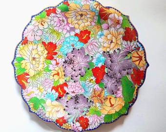 Chinese Cloisonné Millefleurs Flower Plate with scalopped edges by Zi Jin Cheng 26 cm
