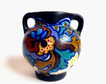 Plateel Corona Ear Vase: Dutch Gouda Earthenware, Art Deco 1910-1920