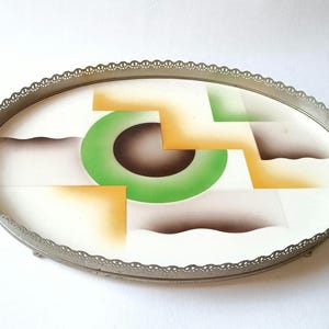 Art Nouveau / Art Deco / Bauhaus ceramic / porcelain serving tray with metal handles and rim