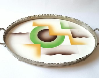 Art Deco / Bauhaus ceramic / porcelain serving tray with metal handles and rim