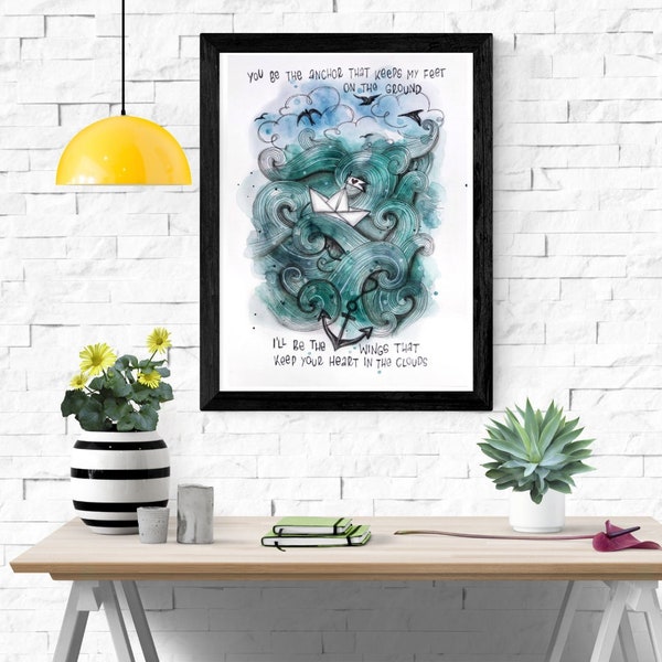 Papierboot im Meer mit Lettering | Print Posterdruck A5/A4 | Kunstdruck von Aquarell Original auf Premiumpapier für Deko Geschenk