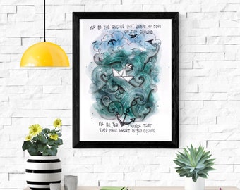 Papierboot im Meer mit Lettering | Print Posterdruck A5/A4 | Kunstdruck von Aquarell Original auf Premiumpapier für Deko Geschenk