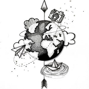 Moderner Kunstdruck „Weltkugel“ – Fineline Illustration in Schwarz-Weiß – A5 / A6 auf hochwertigem Künstlerpapier