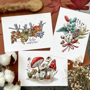 Herbstliche Postkarten – liebevoll illustriert mit Pilzen, Blumen & Naturmotiven – einzeln oder als Set