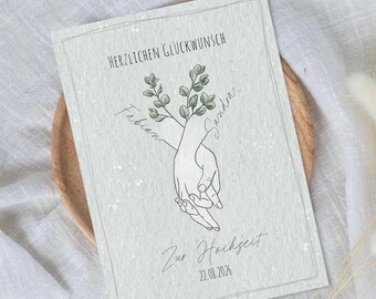 Hochzeitskarte personalisiert "Hände" | Illustration Aquarell | Karte Hochzeit A6 | Glückwunschkarte Hochzeit | Hochzeitsgrüße Eukalyptus