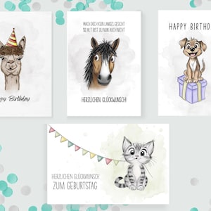 Geburtstagskarte mit Tiermotiv – Hund, Katze, Alpaka oder Pferd – Aquarell Klappkarte – witzige Grußkarte – Set oder Einzelkarte
