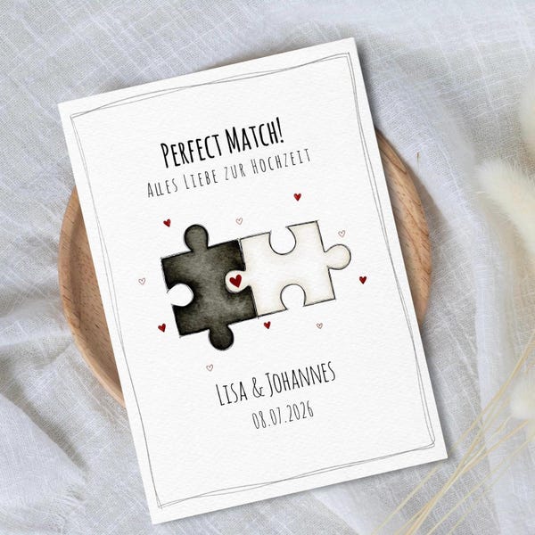 Hochzeitskarte personalisiert Perfect Match Puzzle | Illustration Aquarell | Karte Hochzeit A6 | Glückwunschkarte Hochzeit | Hochzeitsgrüße