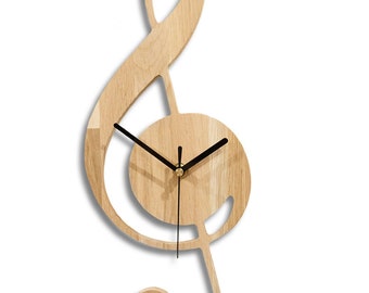 Orologio chiave di violino in legno di quercia, decorazione musicale, orologio minimalista, orologio silenzioso, orologio regalo, orologio da soggiorno, Solfeggio