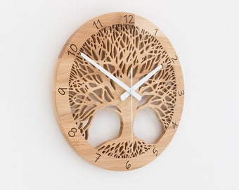Orologio da parete Albero della vita in legno di quercia, 35 cm, decorazione naturale, zen e benessere, orologio silenzioso, orologio regalo, orologio da soggiorno