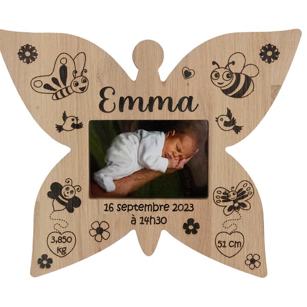 Cadre photo de Naissance Papillon personnalisable 10x15cm Chêne, Faire part original, cadeau naissance, décoration chambre bébé nouveau-né