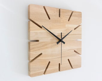 Square Large Wall Clock Wooden clock OAK Clock, 11'' to 23'', Modern clock, Minimalist Clock, Silent clock, clock to gift, living room clock