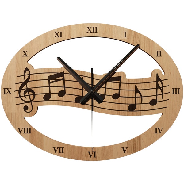 Horloge Ovale Musique en bois Chêne Massif Note Clé