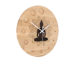 Horloge Sérénité en bois Chêne 38/48/58cm classique, Moderne Bouddha, Horloge silencieuse, Horloge pour offrir, Fleur de vie Bien Etre