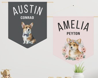 Personalized Name Banner, Corgi Dog Themed Wall Banner, Custom Pennant, Nursery Decor, Kids Room Wall Decoration, Name Canvas Flag