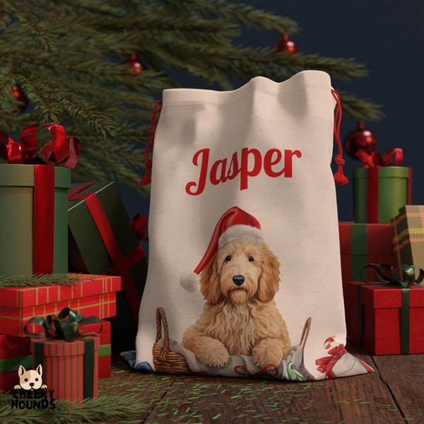 Doodle Christmas Sack Personalized, Custom Goldendoodle Santa Sack, Gift Treat Bag for Pet, Festive Keepsake Family Dog, Holiday Stocking