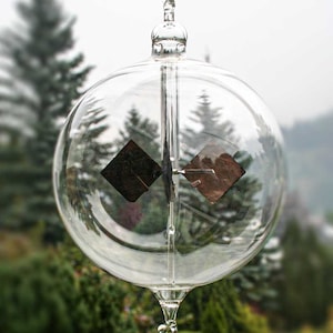 May include: A clear glass sphere with a metal rod and two black diamond-shaped objects inside. The sphere is suspended from a hook at the top and has a pointed drop at the bottom.