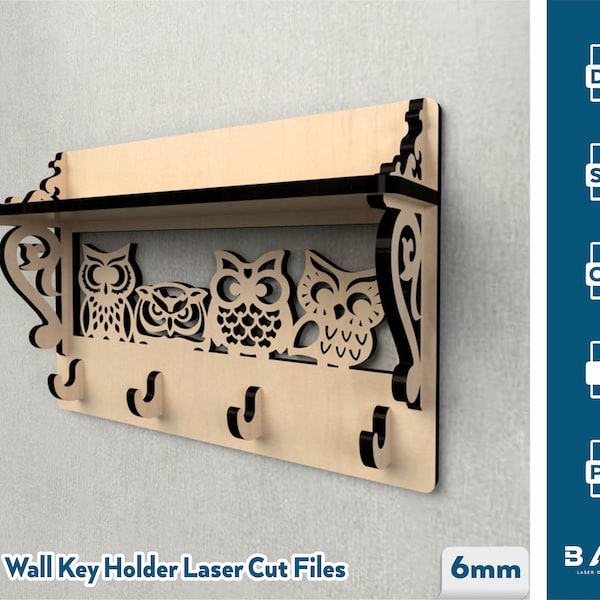 Fichiers Svg d'armoire à clés découpés au laser, fichiers porte-clés, fichiers vectoriels pour le bois de découpe laser Porte-clés mural découpé au laser avec étagère svg Glowforge