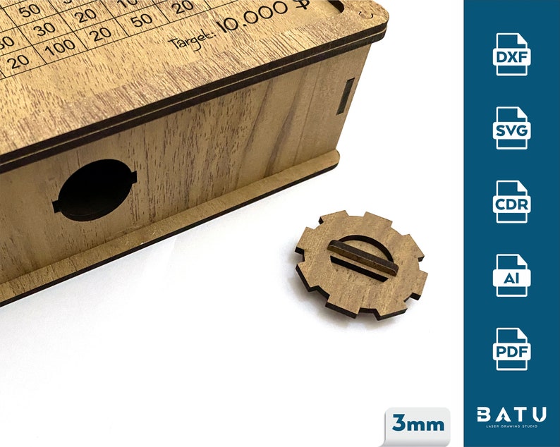 May include: Wooden box with a grid pattern on the top and a small gear-shaped piece. The box has a target of 10,000 printed on it. The gear is made of wood and has a slot in the center. The box is 3mm thick.
