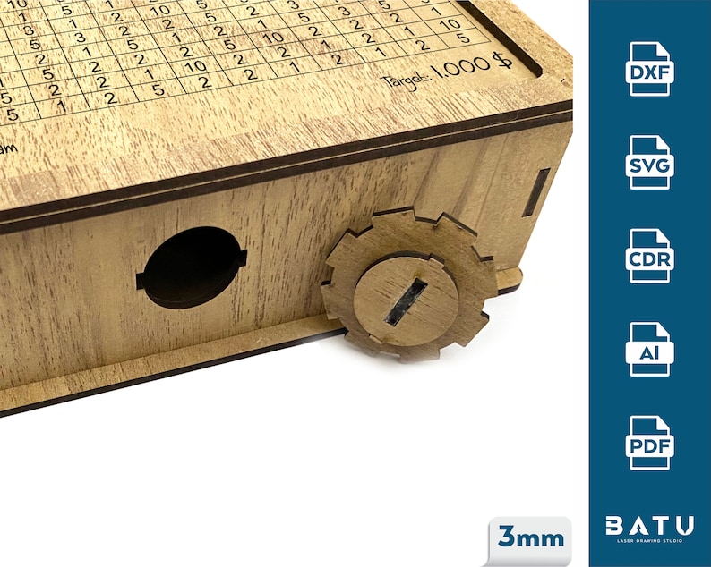 May include: A wooden box with a gear mechanism and a target of 1,000 dollars. The box is made of light brown wood and has a small hole in the side. The gear is made of dark brown wood and has a small hole in the center. The box is labeled "Target: 1,000$".