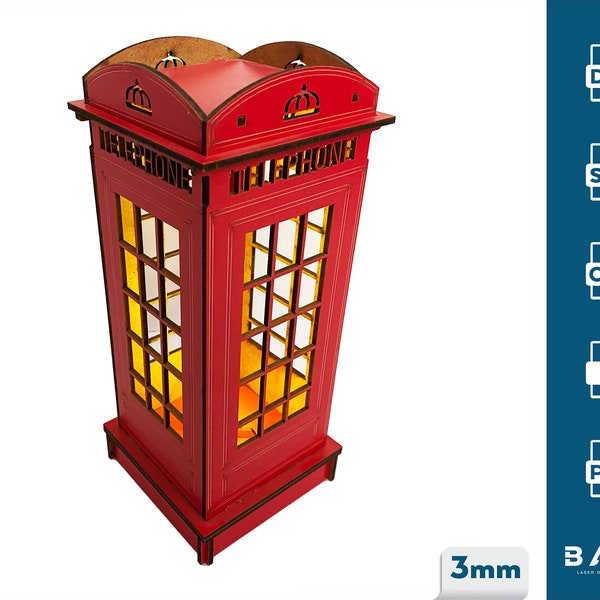 Red English Telephone booth, Night light Laser cut files, Cnc router plans DXF SVG CDR Lamp vector Instant download file Laser cut