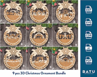 3D Christmas Ornament SVG Bundle, Laser Cut Bauble, Nativity Scene (Digital Download)