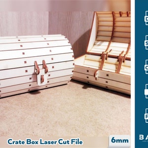 May include: A white wooden crate box with a hinged lid and a latch. The box is made of 6mm thick wood and is designed to be laser cut. The image shows the box in both open and closed positions. The file formats available for download are DXF, SVG, CDR, AI, and PDF.